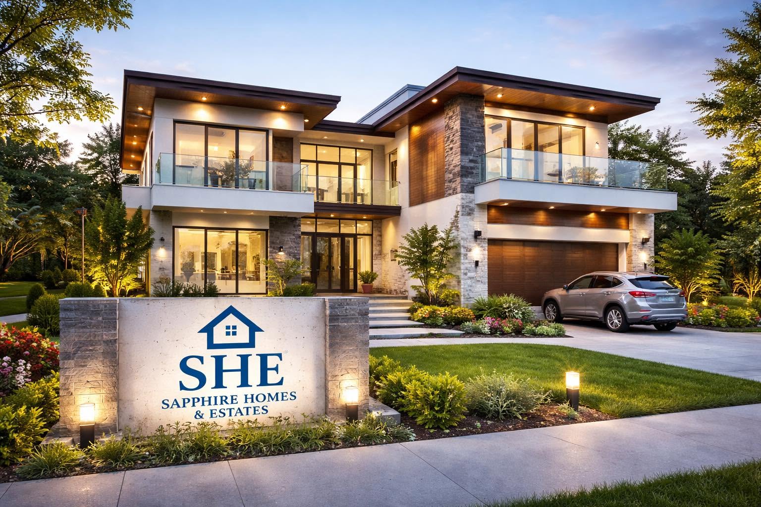 Luxury modern house at dusk with a SAPPHIRE HOMES & ESTATES monument sign
