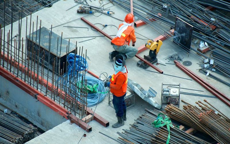 Steel reinforcement on a concrete building slab