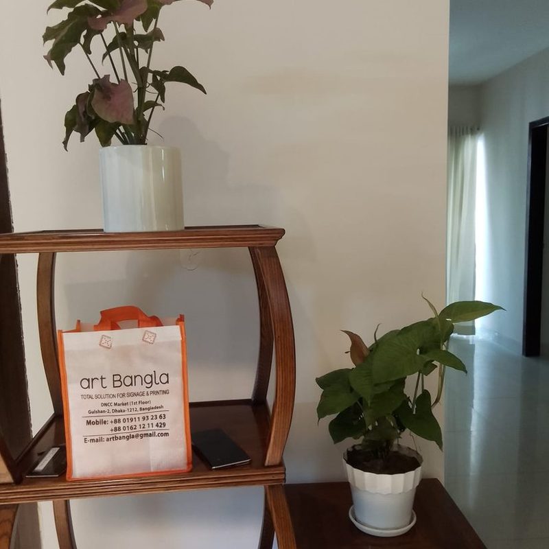 Tiered wooden plant stand with small decorative plants